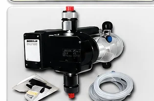 Chemical dosing pump, blue and white, with fittings