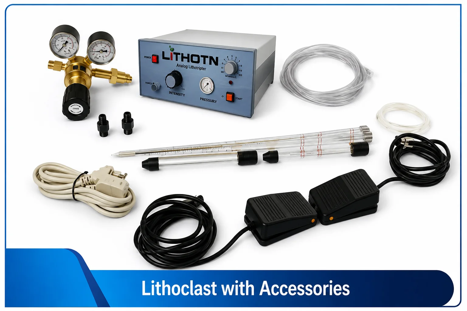 Lithoclast lithotripsy control unit with probes, foot pedals, pressure regulator and hoses