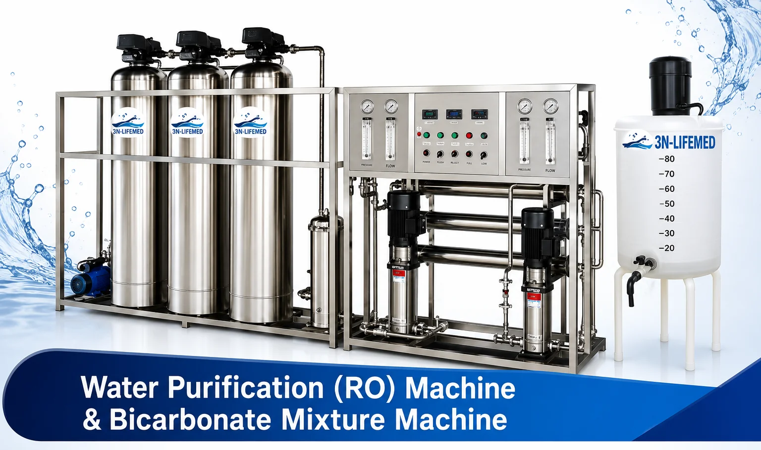 Water purification (RO) machine and bicarbonate mixture machine skid